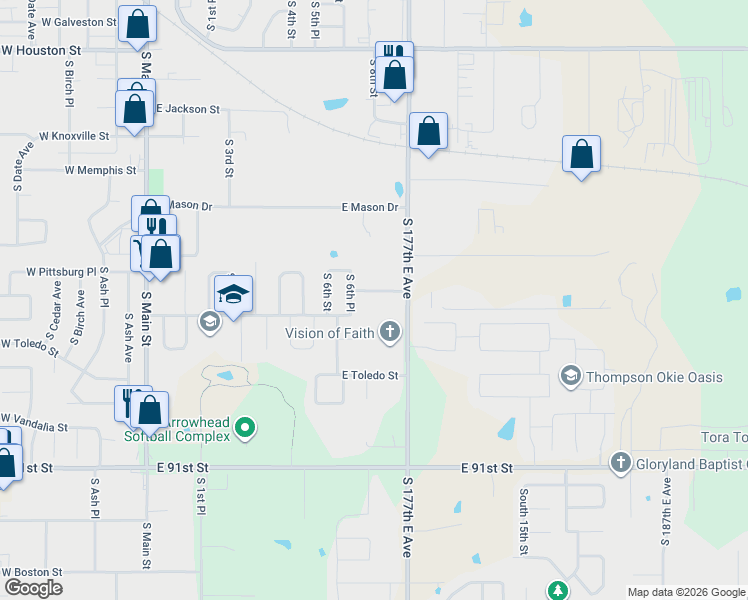 map of restaurants, bars, coffee shops, grocery stores, and more near 909 East Quincy Street in Broken Arrow