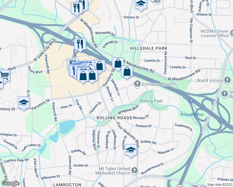 map of restaurants, bars, coffee shops, grocery stores, and more near 2310 Michelle Lane in Greensboro
