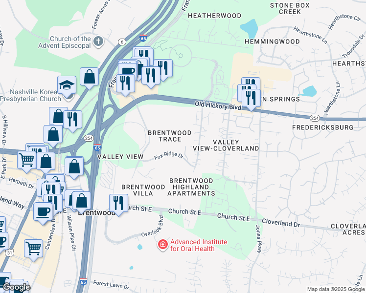 map of restaurants, bars, coffee shops, grocery stores, and more near 706 Fox Ridge Drive in Brentwood