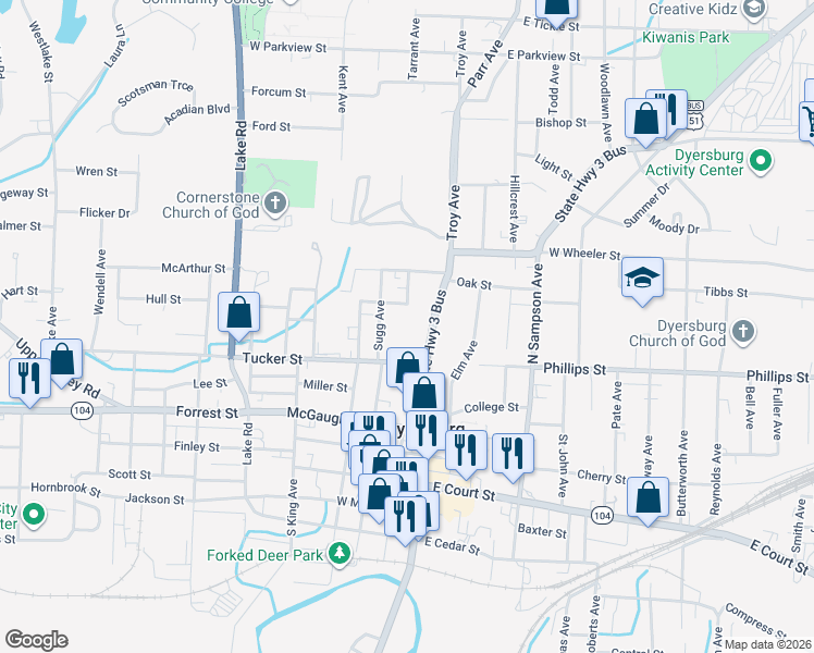 map of restaurants, bars, coffee shops, grocery stores, and more near 515 Troy Avenue in Dyersburg