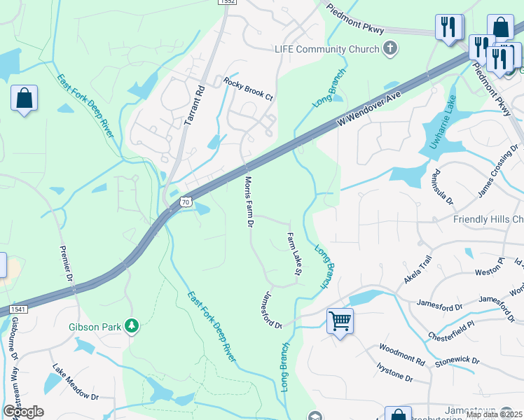 map of restaurants, bars, coffee shops, grocery stores, and more near 4405 Spring Meadow Place in Jamestown