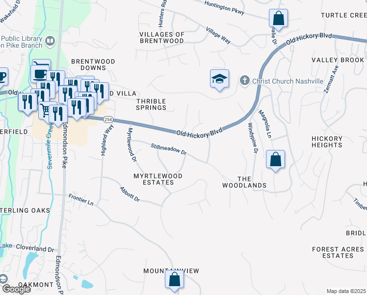 map of restaurants, bars, coffee shops, grocery stores, and more near 6120 Stillmeadow Drive in Nashville