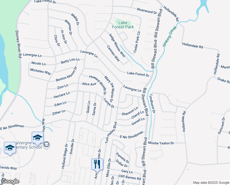map of restaurants, bars, coffee shops, grocery stores, and more near 147 Mary Joe Martin Drive in La Vergne