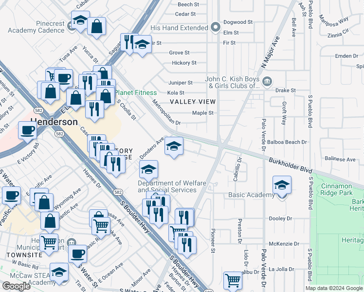 map of restaurants, bars, coffee shops, grocery stores, and more near 147 Westminster Way in Henderson