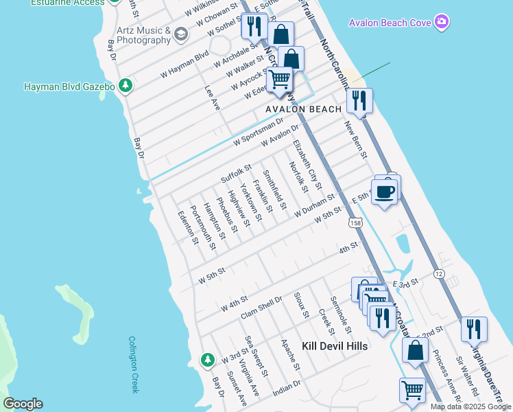 map of restaurants, bars, coffee shops, grocery stores, and more near 2012 Yorktown Street in Kill Devil Hills