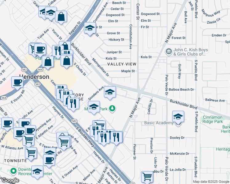 map of restaurants, bars, coffee shops, grocery stores, and more near 147 Westminster Way in Henderson