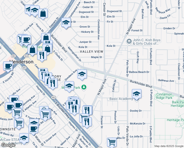 map of restaurants, bars, coffee shops, grocery stores, and more near 171 Westminster Way in Henderson