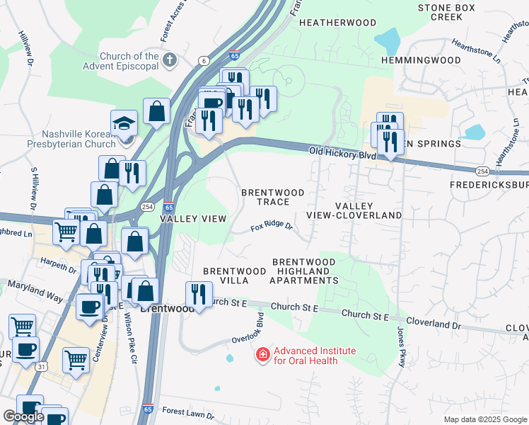 map of restaurants, bars, coffee shops, grocery stores, and more near 748 Fox Ridge Drive in Brentwood