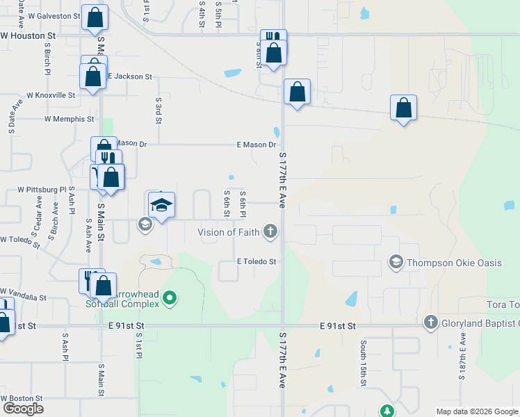 map of restaurants, bars, coffee shops, grocery stores, and more near 909 East Quincy Street in Broken Arrow