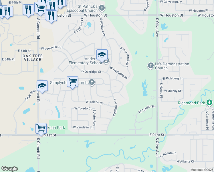 map of restaurants, bars, coffee shops, grocery stores, and more near 4208 West Richmond Court in Broken Arrow