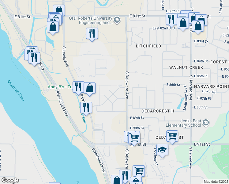 map of restaurants, bars, coffee shops, grocery stores, and more near 2702 East 88th Street in Tulsa
