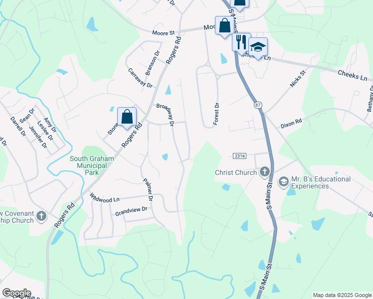 map of restaurants, bars, coffee shops, grocery stores, and more near 1714 Wedgewood Drive in Graham