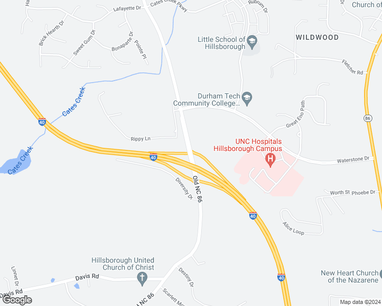 map of restaurants, bars, coffee shops, grocery stores, and more near 3400 Old Chapel Hill Hillsborough Road in Hillsborough