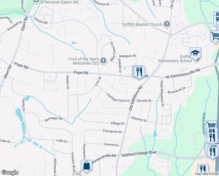 map of restaurants, bars, coffee shops, grocery stores, and more near 1720 Carriage Cove Lane in Winston-Salem