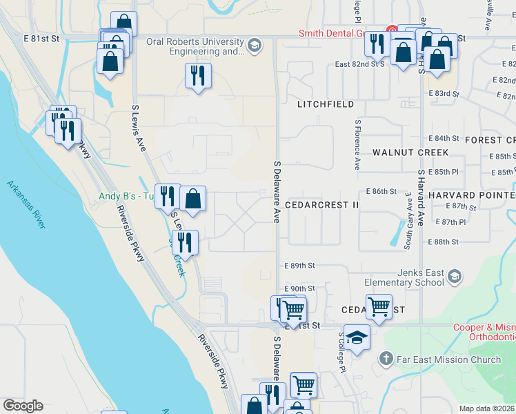 map of restaurants, bars, coffee shops, grocery stores, and more near 2708 East 88th Street in Tulsa