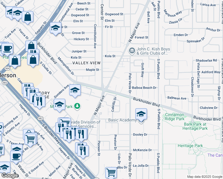 map of restaurants, bars, coffee shops, grocery stores, and more near 306 Burkholder Boulevard in Henderson