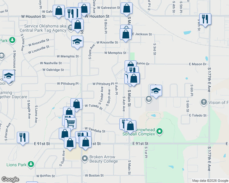 map of restaurants, bars, coffee shops, grocery stores, and more near 1626 South Ash Place in Broken Arrow