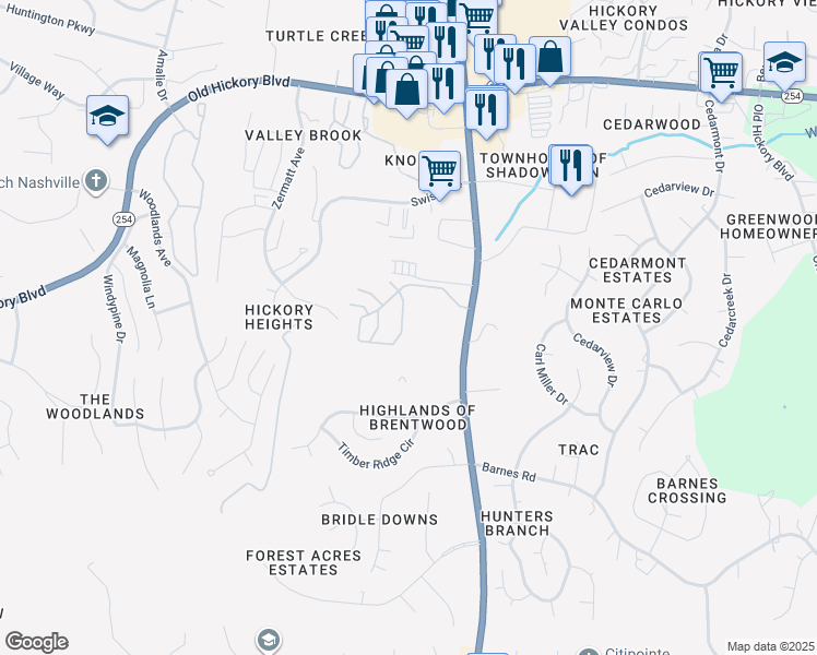 map of restaurants, bars, coffee shops, grocery stores, and more near 153 Shadow Glen Drive in Nashville