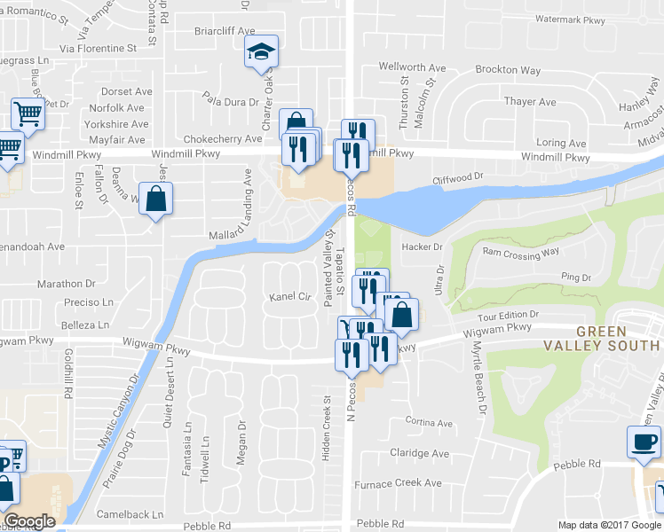 map of restaurants, bars, coffee shops, grocery stores, and more near 156 Painted Valley Street in Henderson