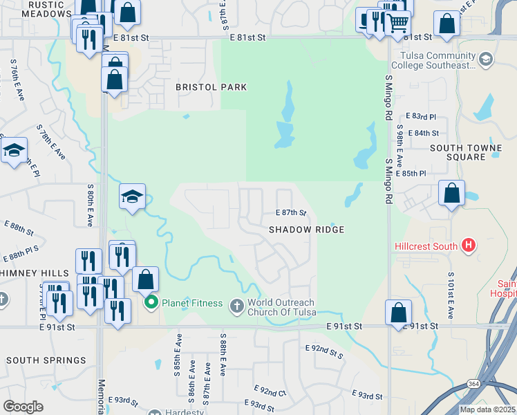 map of restaurants, bars, coffee shops, grocery stores, and more near 8639 South 89th East Place in Tulsa