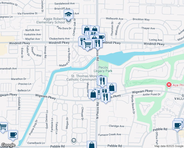 map of restaurants, bars, coffee shops, grocery stores, and more near 156 Painted Valley Street in Henderson