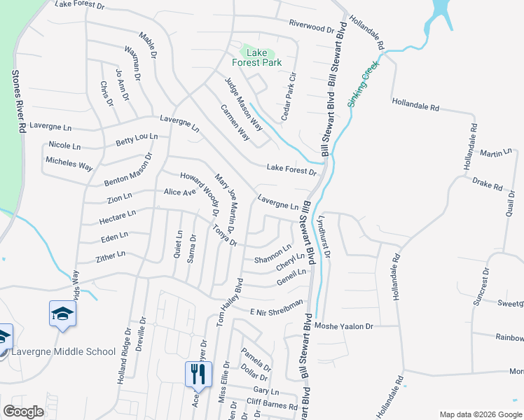 map of restaurants, bars, coffee shops, grocery stores, and more near 1124 Phelissa Drive in La Vergne