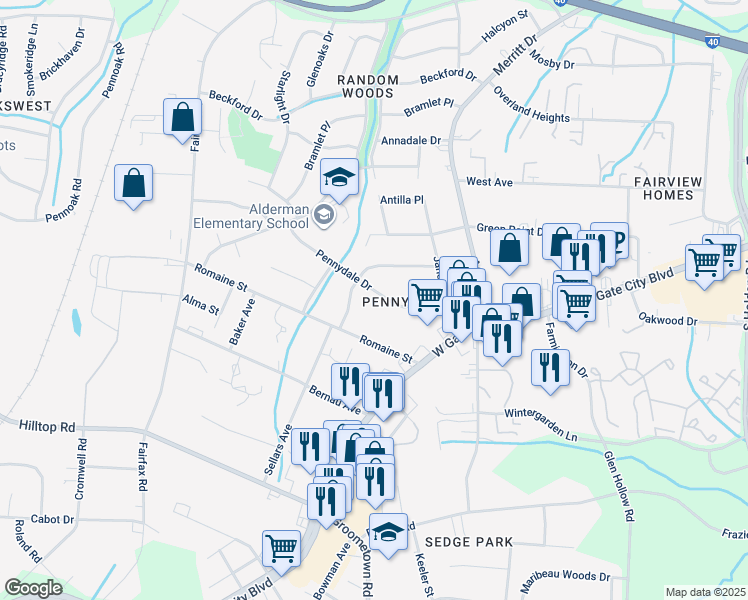 map of restaurants, bars, coffee shops, grocery stores, and more near 4219 Pennydale Drive in Greensboro