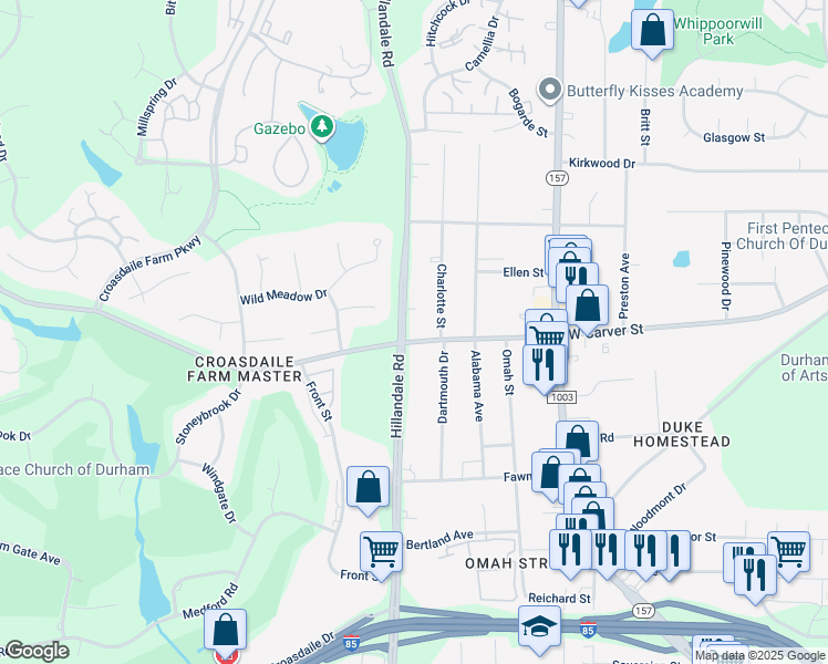 map of restaurants, bars, coffee shops, grocery stores, and more near 2914 West Carver Street in Durham