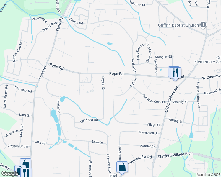 map of restaurants, bars, coffee shops, grocery stores, and more near 4036 Village Place in Winston-Salem