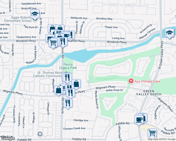 map of restaurants, bars, coffee shops, grocery stores, and more near 2496 Ram Crossing Way in Henderson