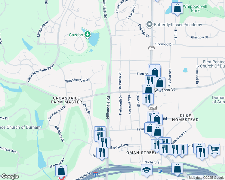 map of restaurants, bars, coffee shops, grocery stores, and more near 2914 West Carver Street in Durham
