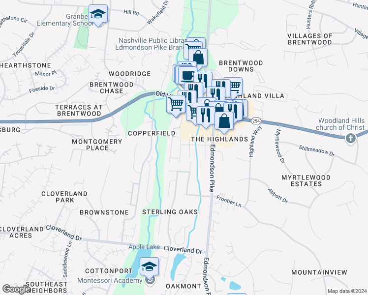 map of restaurants, bars, coffee shops, grocery stores, and more near 322 Shady Creek Lane in Nashville