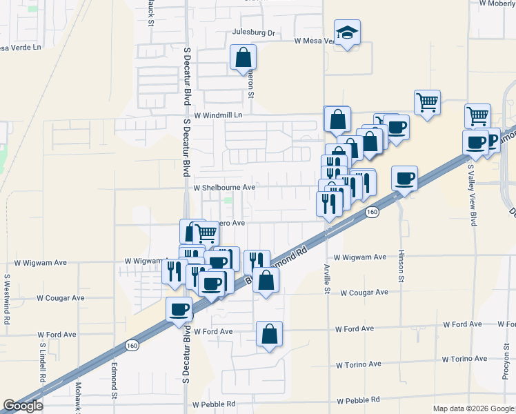 map of restaurants, bars, coffee shops, grocery stores, and more near 4615 Mission Meadow Circle in Las Vegas