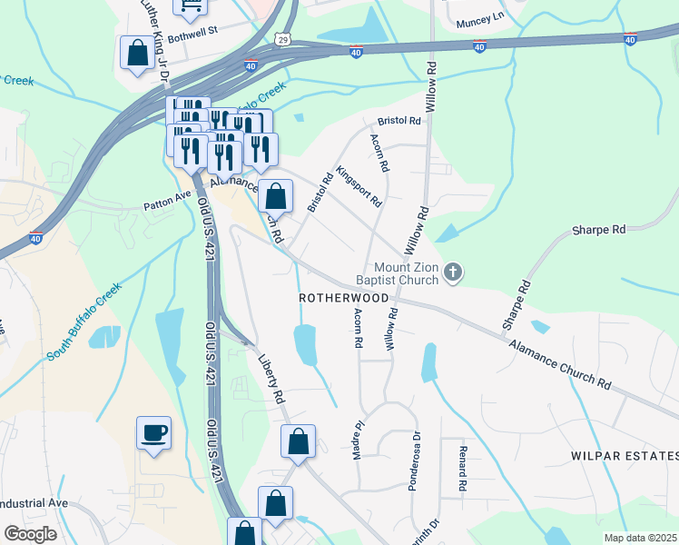 map of restaurants, bars, coffee shops, grocery stores, and more near 1121 Alamance Church Road in Greensboro