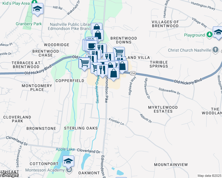 map of restaurants, bars, coffee shops, grocery stores, and more near 5724 Edmondson Pike in Nashville