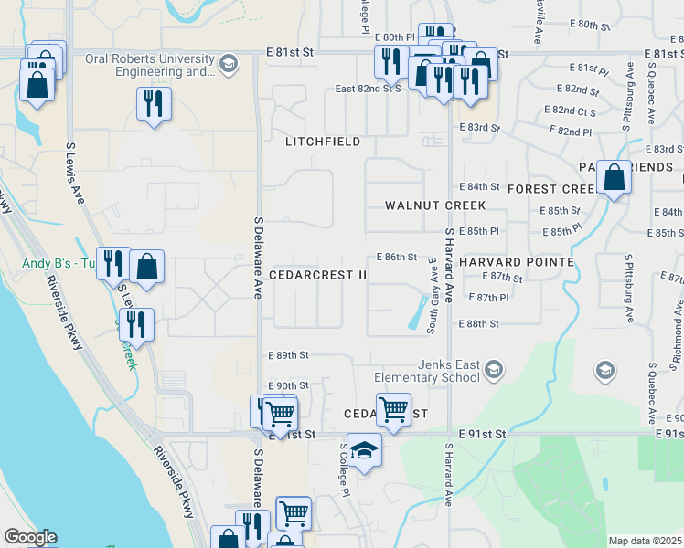 map of restaurants, bars, coffee shops, grocery stores, and more near 8699 South College Place in Tulsa