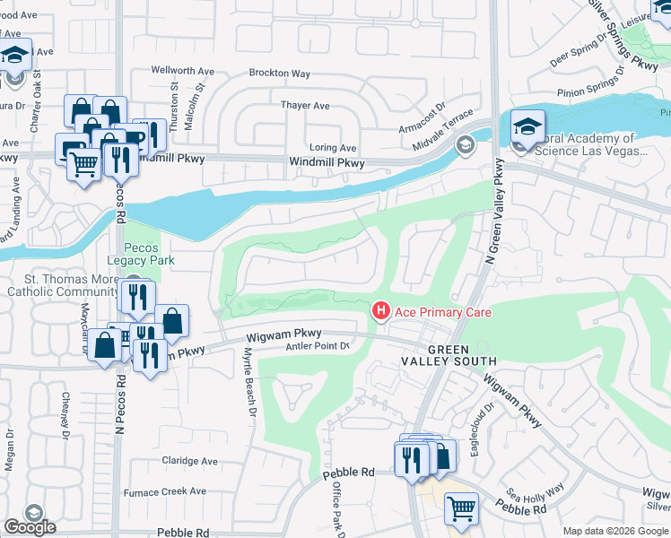 map of restaurants, bars, coffee shops, grocery stores, and more near 2442 Ping Drive in Henderson
