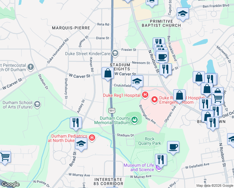 map of restaurants, bars, coffee shops, grocery stores, and more near 407 Crutchfield Street in Durham