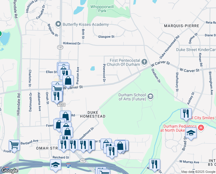 map of restaurants, bars, coffee shops, grocery stores, and more near 2313 Carver Street in Durham
