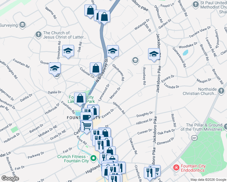 map of restaurants, bars, coffee shops, grocery stores, and more near 3115 Marion Drive in Knoxville