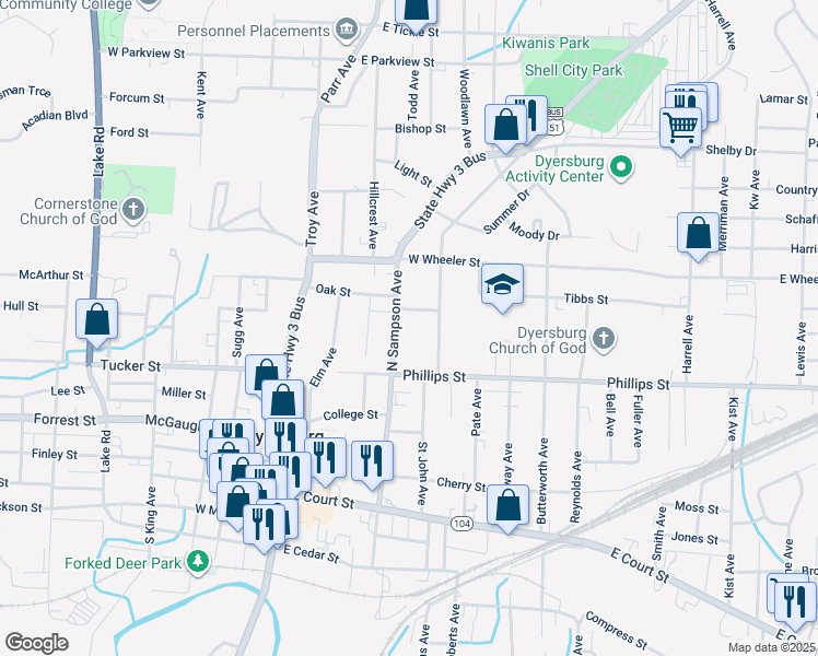 map of restaurants, bars, coffee shops, grocery stores, and more near 600N North Sampson Avenue in Dyersburg