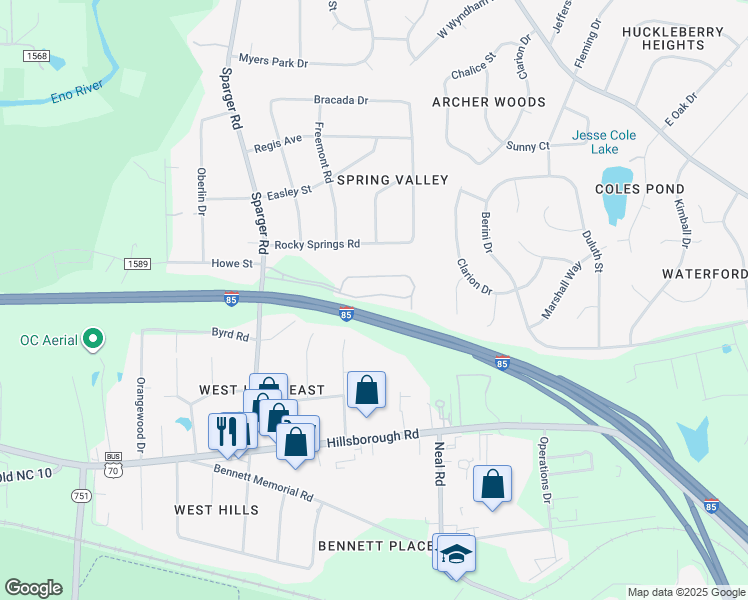 map of restaurants, bars, coffee shops, grocery stores, and more near 20 Sparger Springs Lane in Durham