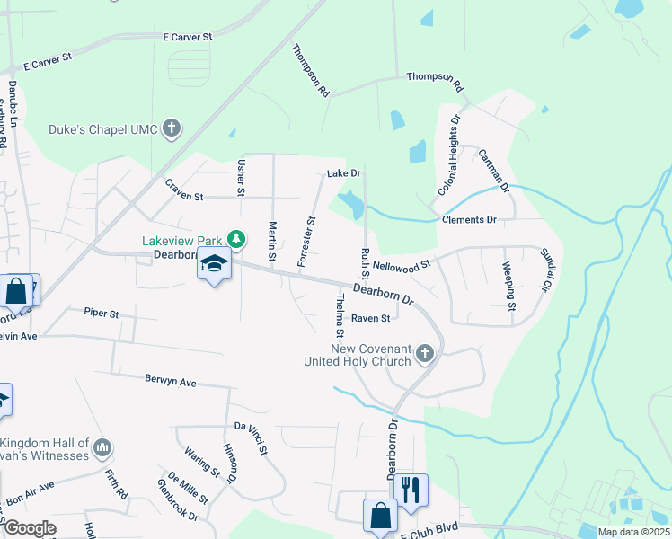 map of restaurants, bars, coffee shops, grocery stores, and more near 3216 Dearborn Drive in Durham