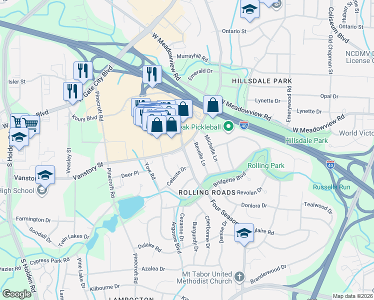 map of restaurants, bars, coffee shops, grocery stores, and more near 2207 4 Seasons Boulevard in Greensboro