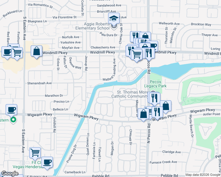 map of restaurants, bars, coffee shops, grocery stores, and more near 167 Wynntry Circle in Henderson