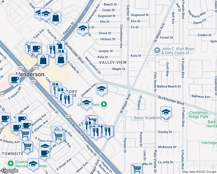 map of restaurants, bars, coffee shops, grocery stores, and more near 147 Westminster Way in Henderson