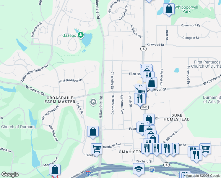 map of restaurants, bars, coffee shops, grocery stores, and more near 2903 Carver Street in Durham