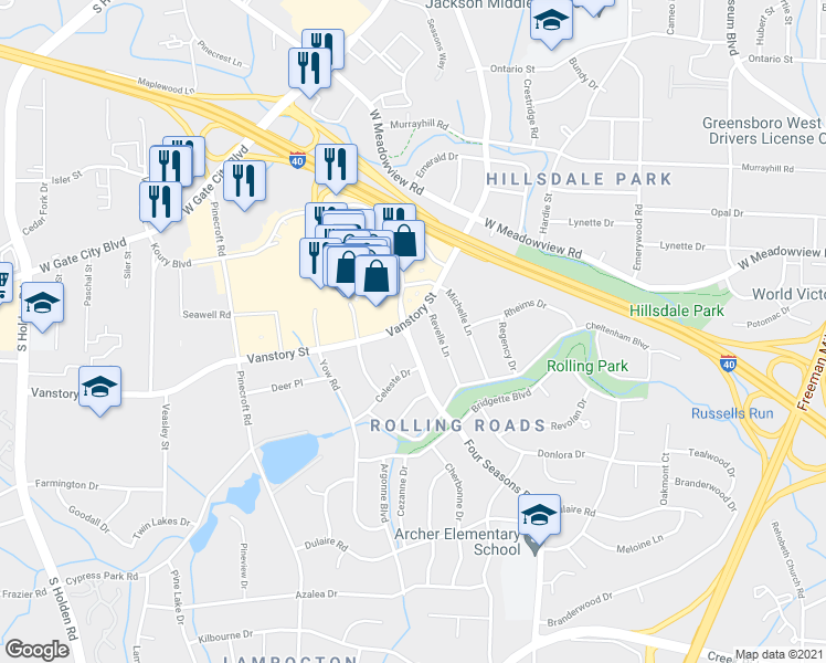 map of restaurants, bars, coffee shops, grocery stores, and more near 2207 4 Seasons Boulevard in Greensboro