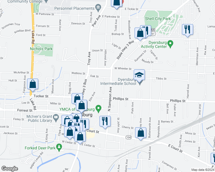 map of restaurants, bars, coffee shops, grocery stores, and more near 526 Walnut Avenue in Dyersburg