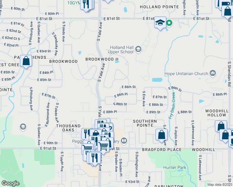 map of restaurants, bars, coffee shops, grocery stores, and more near 5012 East 86th Street in Tulsa